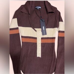 Fashion Nova Striped V-Neck Sweater in Brown and Cream